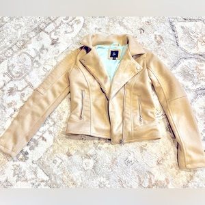 Tan suede jacket with fringe sleeves. Girls.